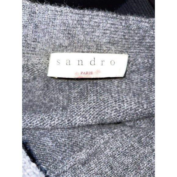 Sandro Paris Briona Gray Wool V-Neck Varsity Stripe Sleeve Pullover Sweater Sz 2 - Picture 3 of 8